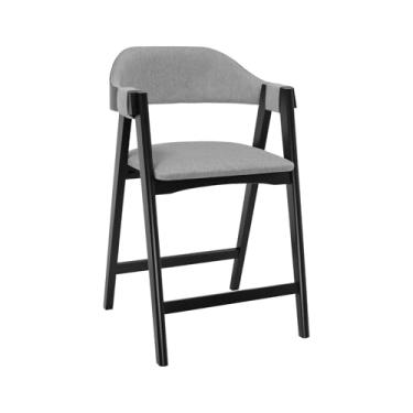 Imagem de Banqueta Alta Bistrô New York Madeira Maciça - Preto - Assento Estof. Linho Cinza Mescla Impermeável