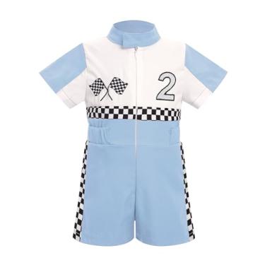 Imagem de IMEKIS Fantasia de motorista de carro de corrida para bebês: duas roupas rápidas de segundo aniversário para meninos e meninas macacão 2T corrida bolo sessão de fotos infantil Halloween cosplay azul