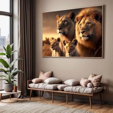 Imagem de Quadro com Moldura Sala Quarto Família de Leão Leões Filhote Decorativo Horizontal Grande Hall