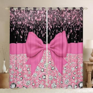 Imagem de Cortinas blackout com laço rosa kawaii, laço e nó 2 painéis, 106 cm L x 213 cm, cortinas de fita de seda e cortinas brilhantes com estampa de lantejoulas, cortinas de janela de diamante, estilo
