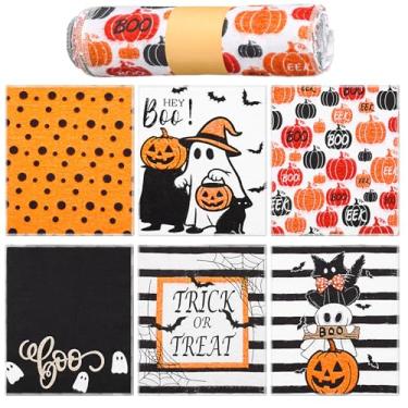 Imagem de Mindsoft 36 peças de toalhas de papel reutilizáveis de Halloween rolos laváveis a granel Halloween Boo abóbora toalhas de cozinha sem papel reutilizáveis pano guardanapos de algodão com papelão para