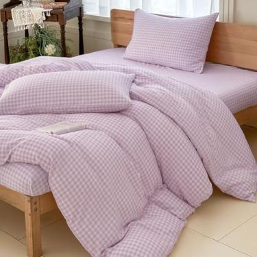 Imagem de NSNLGSGC Conjunto de capa de edredom de guingão roxo solteiro, quadriculado geométrico, simples, estampa quadrada, capa de cama de microfibra lavada xadrez macia (2 peças, solteiro)