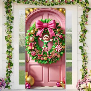 Imagem de BlissYard Capa de porta de Natal rosa para decoração de guirlanda de elfo 89 x 188 cm, faixa festiva para decoração de parede interna e externa, tecido de poliéster para meninas ou meninos