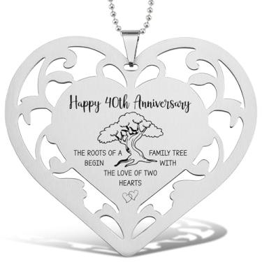 Imagem de Enfeite de coração de aço inoxidável de feliz 40º aniversário com design de árvore e citação gravada a laser, 40º casamento para casal, decoração romântica para pendurar, CHC706