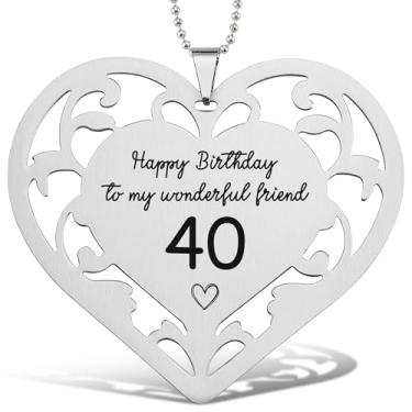 Imagem de Enfeite de feliz aniversário de 40 anos, coração de aço inoxidável com mensagem gravada a laser, presente de aniversário para amigos, decoração suspensa em forma de coração com corrente de contas