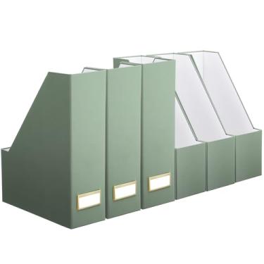 Imagem de Feifeiya Conjunto de 6 caixas de arquivo de papelão elegantes e resistentes, organizador de mesa, lindo suporte de revistas com suporte de etiqueta dourado para casa, escritório, mesa, sala de aula
