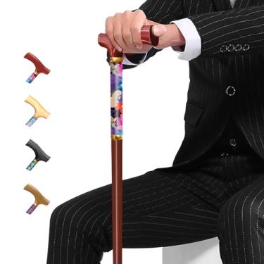 Imagem de Uoagain Bengala de madeira pedestal para homens e mulheres, com design de impressão exclusivo, bastões de madeira natural elegantes para idosos, elegantes e duráveis bengalas de alta qualidade