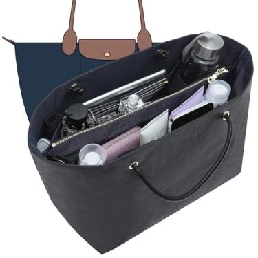 Imagem de Doxo Organizador de bolsa para Longchamp LePliage Grande, alça fixa, modelador de bolsa com guia para chave e 16 compartimentos, suporte de copo elástico atualizado (preto e azul, G)