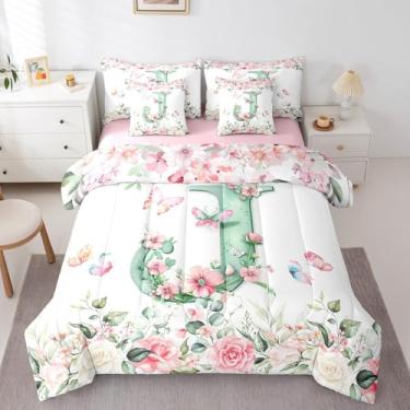 Imagem de Erosebridal Conjunto de edredom solteiro com letra J com monograma verde, 7 peças, para crianças, meninos, meninas, rosa e flores em aquarela, conjunto de lençol com edredom personalizado e letra J