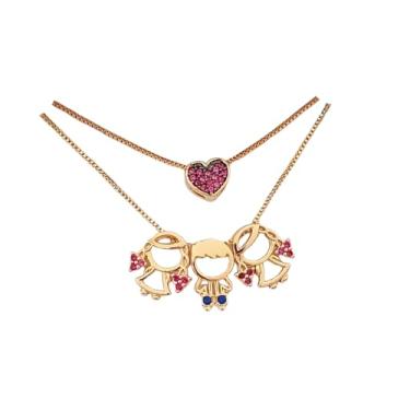 Imagem de Colar com Pingente 01 Menina 01 Menino e 01 Menina + Colar com Coração Banhado a Ouro 18k