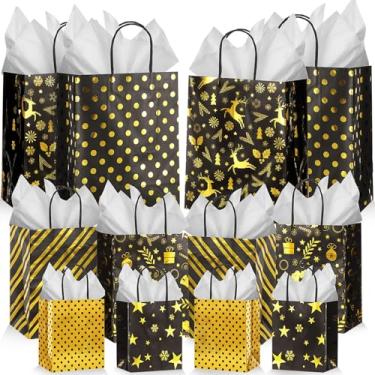 Imagem de Humyoun Pacote com 12 sacos de presente de Natal a granel tamanhos variados sacos de papel para embrulho 6 pequenos 16,5 cm, 6 médios 24,4 cm, 6 grandes 33 cm com papel de seda para aniversários, chás