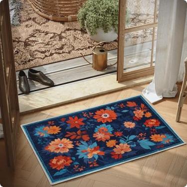 Imagem de Clemile Tapete floral de 6 cm x 90 cm - Tapete antiderrapante lavável à máquina para sala de estar - Tapete macio para decoração de casa azul colorido