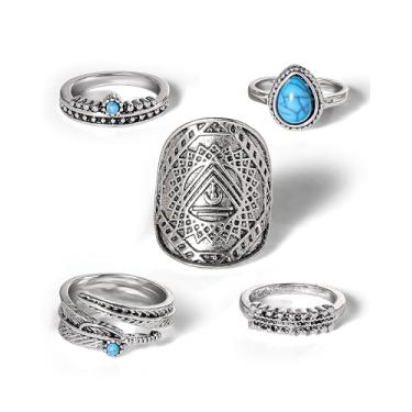 Imagem de Jessica Simpson Conjunto de anéis femininos tamanho 6-9 - 4 ou 5 peças, anéis empilháveis tom dourado com cristais ou prata oxidada com turquesa, Fantasia, Cristal