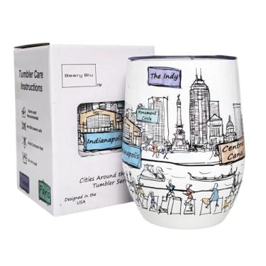 Imagem de Beary Blu Cidades ao redor do mundo Série de copos de 355 ml - Projetado nos EUA - Copo isolado a vácuo com tampas - Caneca de viagem de aço inoxidável para vinho e café, água, para bebida quente e