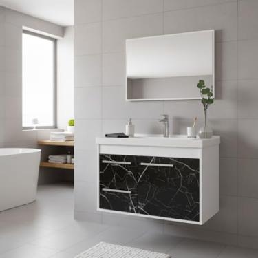 Imagem de Kit Armário para Banheiro 60cm MDF com Cuba + Espelheira - Potenza (Preto)