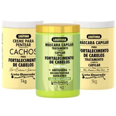 Imagem de Kit Gota Dourada Trio de Máscaras Tradicional e Antiqueda para Cabelo e Creme de Pentear 1kg