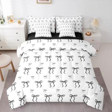Imagem de Erosebridal Conjunto de cama solteiro com laço preto, 7 peças, para meninas adolescentes - Conjunto de edredom fofo com lençóis, moderno, moderno, coquete, laço e edredom