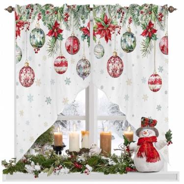 Imagem de Cortina de Natal com sanefas de poinsétia, bolas leves para janelas pequenas, bagas de azevinho, plantas, flocos de neve, camadas de cortina de janela para cozinha, quarto, sala de estar, 142 cm L x