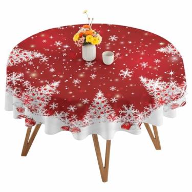 Imagem de Toalha de mesa de Natal com bolas de árvore de Natal, toalha de mesa redonda, floco de neve, neve, branca, impermeável, lavável e à prova de manchas, capa de mesa reutilizável, para decoração de
