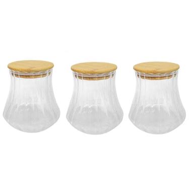 Imagem de Kit 3 Pote de Vidro Borossilicato Canelado com Tampa de Bambu 700ml