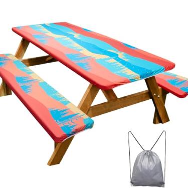 Imagem de Toalha de mesa de piquenique com capas de banco, essencial para acampamento, impermeável, à prova de vento, com bolsa de cordão, mesas e assentos retangulares ajustados, 152 cm, vermelho e azul