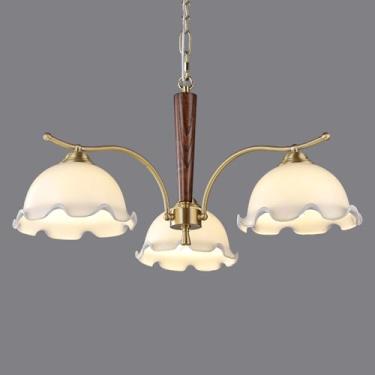 Imagem de Lustre de 3 luzes de meados do século para sala de estar Lustre de vidro leitoso Sputnik Luminária pendente de flor vintage Luminária suspensa de madeira antiga para sala de jantar Cozinha I
