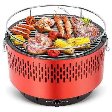 Imagem de Portatil Churrasqueira Carvao, Table Grill, Adequado para Carvão sem Fumo, Braseiro Esmaltado, Churrasqueira de Mesa, Grelha Removível de 34,5 cm, Ajuste Preciso da Temperatura, Vermelho