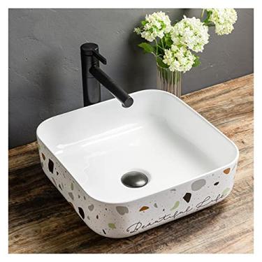 Imagem de Pia de banheiro 40 cm x 15 cm Pia quadrada de vaso de porcelana moderna acima do balcão bacia de cerâmica branca com torneira preta e ralo pop-up (sem orifício de transbordamento) pia de vaso