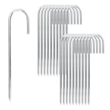 Imagem de SENJEOK Estacas de vergalhão prateadas, âncoras de chão J Hook, aço galvanizado, 30 cm, pacote com 20, para trampolim, cerca, barraca de acampamento
