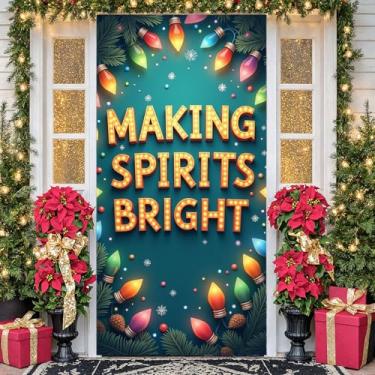 Imagem de Christmas Door Cover Merry Christmas Decorations with Colorful Lights and Making Spirits Bright Patterns Hanging Backdrop Banner for Front Door Indoor Winter Holiday Party Xmas Decor 70x35 Inch