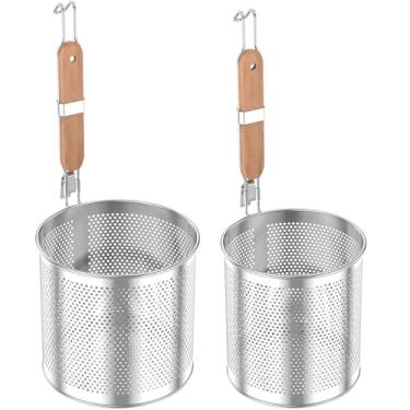 Imagem de 2 cestos de macarrão de aço inoxidável com cabo de madeira, coador prático de macarrão para ferver, coar e fritar