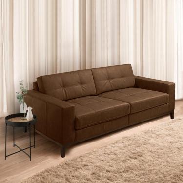 Imagem de Sofá Decorativo Bruno 3 Lugares Sala de estar 210cm Pés em Madeira Couro Marrom Claro Manchado G88 - Gran Belo