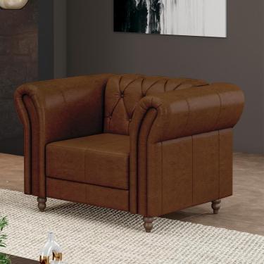 Imagem de Poltrona Decorativa Sala de Estar Stanford Chesterfield Pés de Madeira Couro Marrom Manchado G58 - Gran Belo