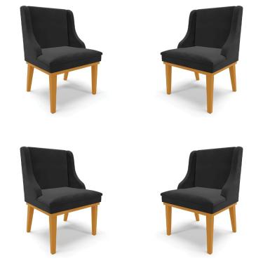 Imagem de Kit 4 Cadeiras Decorativas Sala de Jantar Base Fixa de Madeira Firenze Veludo Preto/Castanho G19 - Gran Belo