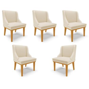 Imagem de Kit 5 Cadeiras Decorativas Sala de Jantar Base Fixa de Madeira Firenze PU Bege/Castanho G19 - Gran Belo