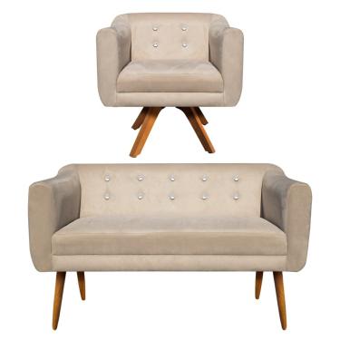 Imagem de Kit 01 Namoradeira 02 Lugares e 01 Poltrona Giratória Julia Suede Bege com Strass Base Madeira MM30 D'Rossi