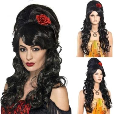 Imagem de PORSMEER Peruca Amy Black Beehive + Flor Vermelha — Perucas Negras Bouffant Beehive Peruca Longa Preta Encaracolado 90 Perucas de Fantasia para Mulheres e Meninas Fantasia de Vampiro — Compatível com