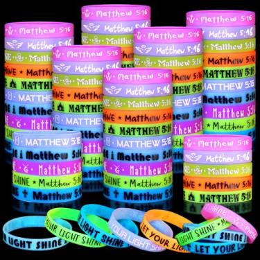 Imagem de Equsion 100 pulseiras cristãs que brilham no escuro Let Your Light Shine Pulseiras de silicone religiosas Jesus presente de escritura inspirador em massa para festa de batismo ou presente de Natal