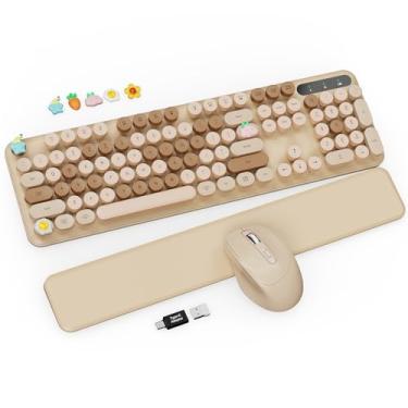 Imagem de Combo de teclado e mouse sem fio – lindo teclado de máquina de escrever com descanso de pulso removível, teclas redondas retrô, pernas dobráveis, teclado de tamanho completo de 2,4 GHz para PC, laptop