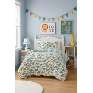 Imagem de Colcha Cobre Leito Infantil Solteiro Dupla Face 2 Pçs Kids, Para Quarto Criança Adolescente Estampado Teen (Dinossauro)