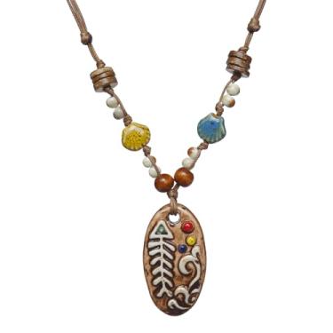 Imagem de Zlanderah Colar feminino boho de cerâmica e contas de madeira, pingente de espinha de peixe retrô costeiro, joia hippie feita à mão, presente para ela