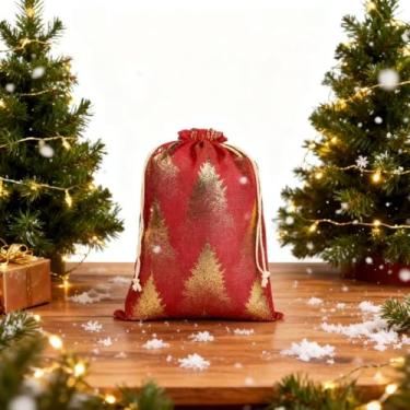 Imagem de Conjunto de sacos de presente de cordão de Natal, sacos de petisco de serapilheira com estampa dourada para lembrancinhas de festas de fim de ano e embrulho