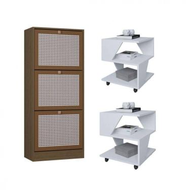 Imagem de Kit Sapateira Spin Tropical 3 Portas E 2 Mesas De Cabeceira Branco/carvalho