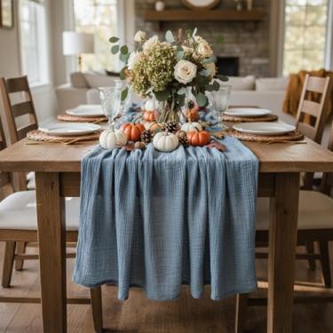 Imagem de Caminho de mesa de gaze azul empoeirado 3 m, decoração de mesa de tecido de gaze para casamento, outono de 300 cm, ação de graças, festa de fazenda rústica boho, chá de bebê, aniversário e decoração