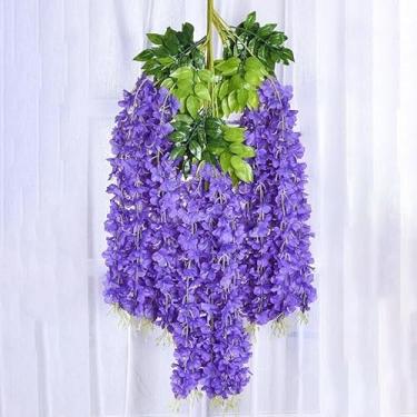 Imagem de 3 peças de decoração de vime artificial para pendurar na parede, haste falsa, flor de glicínia faça você mesmo, decoração de fundo de casamento, roxo