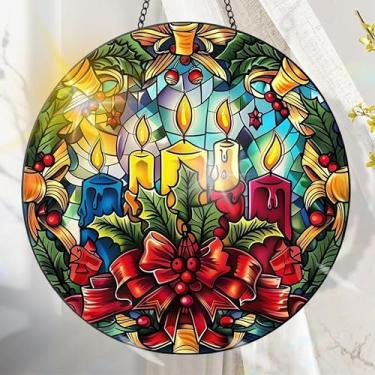 Imagem de Apanhador solar de acrílico colorido, decoração de janela pendurada em velas com design de vitral impresso, apanhador de sol, arte de parede de arco-íris, ornamentos de Natal para uso interno e
