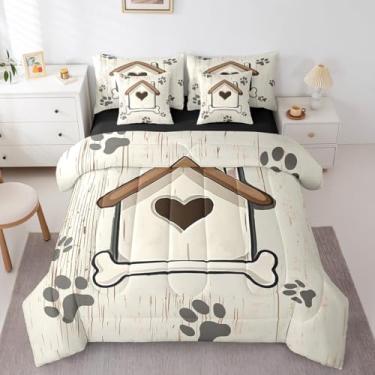 Imagem de Erosebridal Jogo de cama kawaii com estampa de pata de cachorro kawaii, para decoração de quarto de meninos e meninas, com textura de madeira, para decoração de quarto de meninos e meninas, lençol com