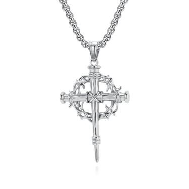 Imagem de OIDIMS Colar gótico com cruz de espinhos para homens e mulheres, punk, aço inoxidável, crucifixo, acessório de moda vintage, batismo, fé religiosa, joia cristã, 60 cm, 1, Metal, Sem Pedra Preciosa