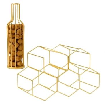 Imagem de Conjunto De Rack De Vinho De Arame De Mesa, Porta Rolhas Vinho Decorativo(KIT - DOURADO)