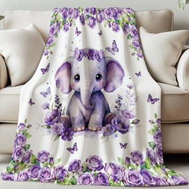Imagem de GLOBLELAND Cobertor de elefante pequeno 139 × 139 cm rosas roxas flores macio aconchegante flanela manta borboletas lavável felpudo cobertor para casa, escritório, quarto, cama, sofá, cadeira